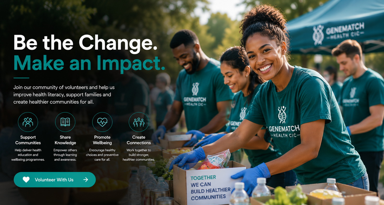 GeneMatch Health CIC volunteers in matching t-shirts packing food donation boxes at a community outreach event